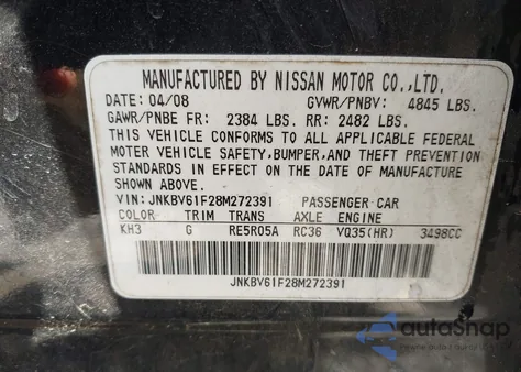 2008 Infiniti G35X z USA, uszkodzony, nr VIN JNKBV61F28M272391